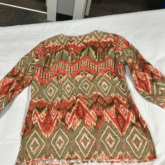 JONES NEW YORK Size Medium 100% Linen Embellished Yoke Tunic Ikat Loden Artsy - Picture 10 of 10